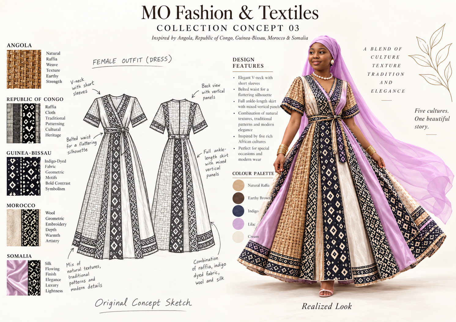 Concept 03 Womenswear Vision: an original-sketch-inspired dress design alongside its AI-generated modeled interpretation, inspired by Angola, Republic of Congo, Guinea-Bissau, Morocco and Somalia; not a photographed finished garment