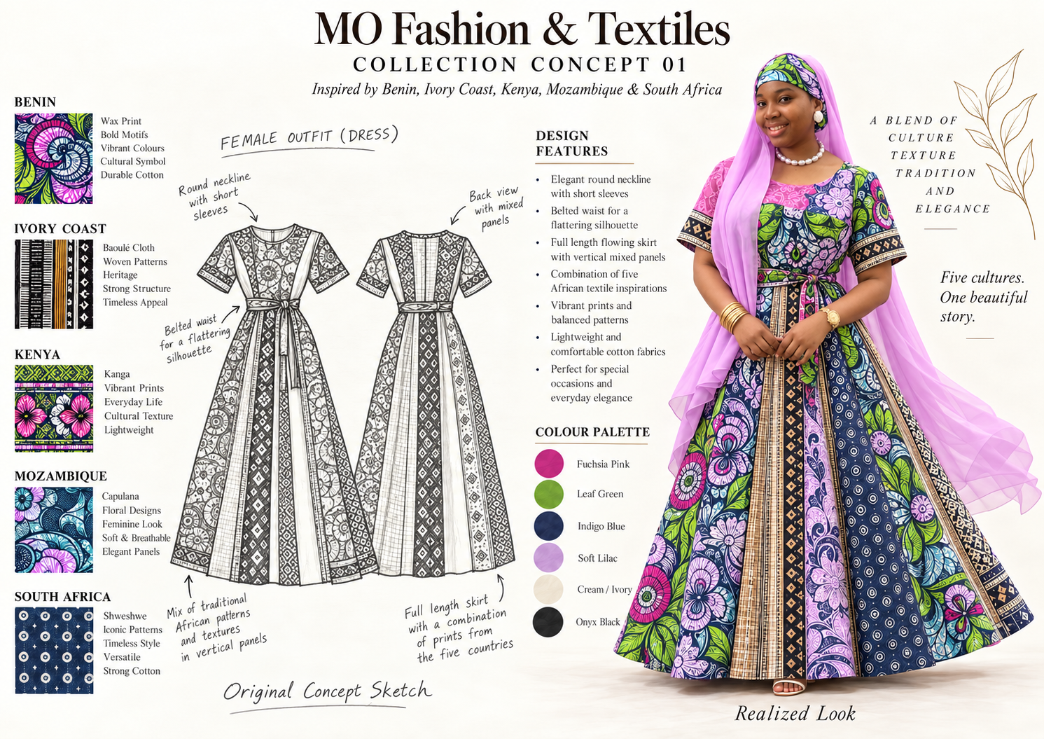 Concept 01 Womenswear Vision: an original-sketch-inspired dress design alongside its AI-generated modeled interpretation, inspired by Benin, Ivory Coast, Kenya, Mozambique and South Africa; not a photographed finished garment