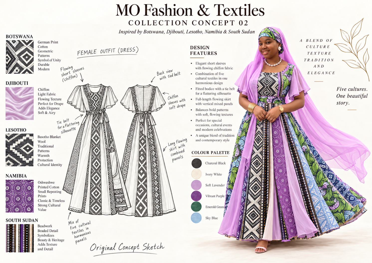 Concept 02 Womenswear Vision: an original-sketch-inspired dress design alongside its AI-generated modeled interpretation, inspired by Botswana, Djibouti, Lesotho, Namibia and South Sudan; not a photographed finished garment