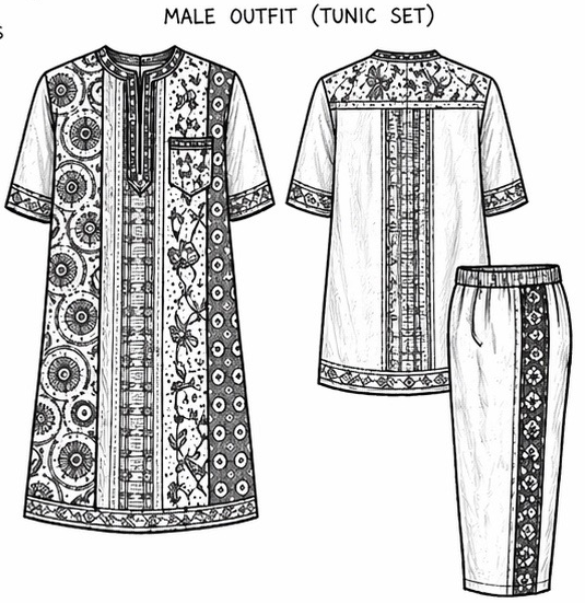 Concept 01 Menswear Vision: Mashkurah’s original tunic front and back views with trousers, extracted from page two of the Benin, Ivory Coast, Kenya, Mozambique and South Africa design PDF