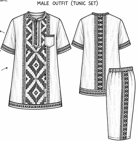 Concept 02 Menswear Vision: Mashkurah’s original tunic front and back views with trousers, extracted from page two of the Botswana, Djibouti, Lesotho, Namibia and South Sudan design PDF
