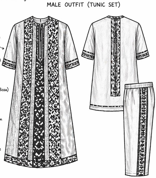 Concept 03 Menswear Vision: Mashkurah’s original tunic front and back views with trousers, extracted from page two of the Angola, Republic of Congo, Guinea-Bissau, Morocco and Somalia design PDF